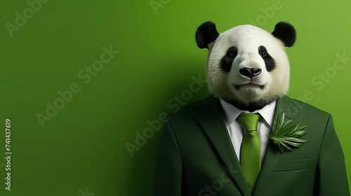 Fototapeta Naklejka Na Ścianę i Meble -  Anthropomorphic panda in business suit working in corporate setting, studio shot with copy space.