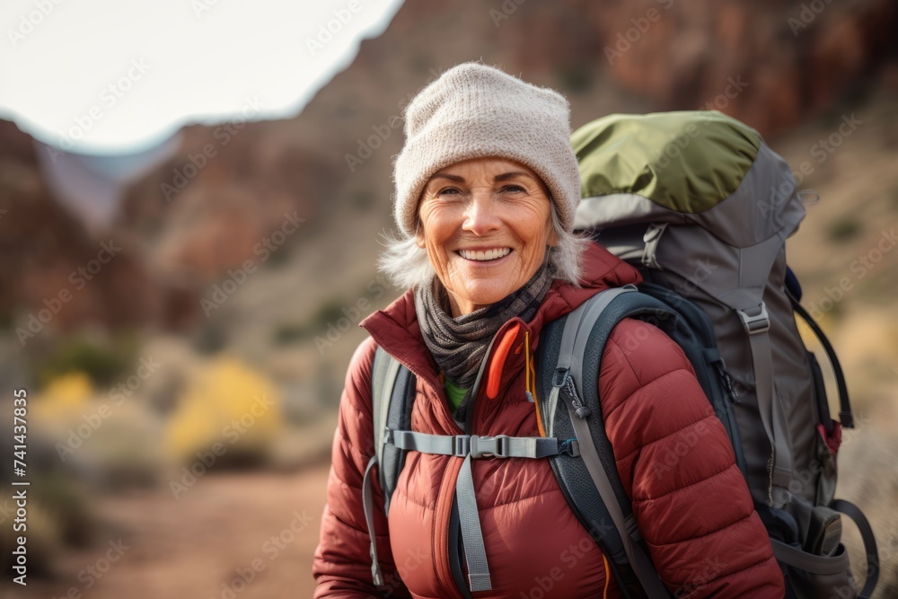 Happy senior woman hiking in the mountains. Grand Canyon National Park, Arizona, USA Happy senior woman hiking in the mountains. Grand Canyon National Park, Arizona, USA
