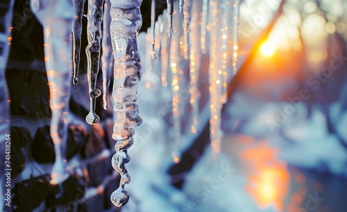 Icicles hanging with the warm glow of the sunset in the background on a cold winter day.