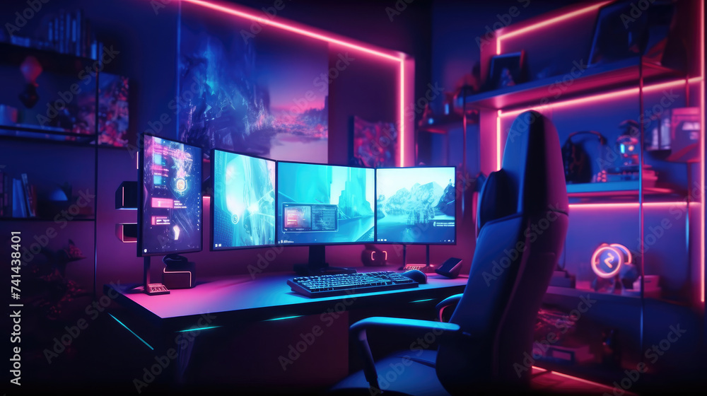 Professional gamer room with personal computer with LED lights Professional gamer room with personal computer with LED lights