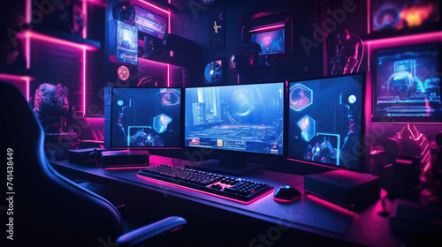 Professional gamer room with personal computer with LED lights