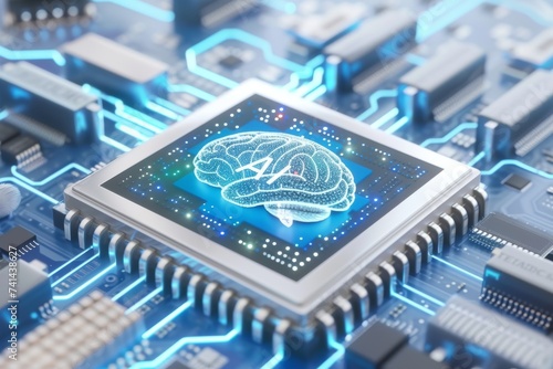 AI Brain Chip violet laser. Artificial Intelligence server farm human ai solution mind circuit board. Neuronal network gis smart computer processor digital disruption photo