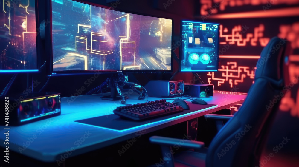 Professional gamer room with personal computer with LED lights - obrazy, fototapety, plakaty 