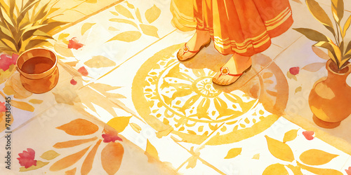 Close up of traditional rangoli design for Gudi Padwa celebrations. Colourful illustration. Holiday and cultural concept. Image for festive poster, greeting card, postcard or invitation.