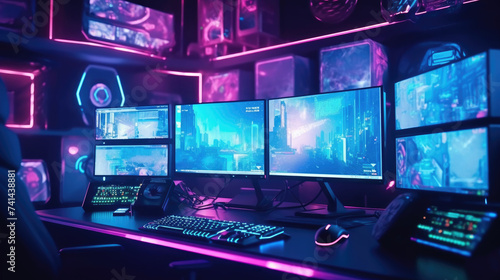 Professional gamer room with personal computer with LED lights