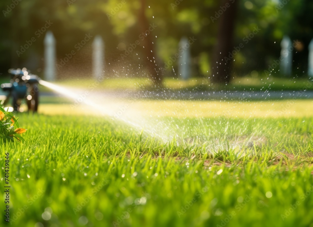 Sprinkler spraying water on green grass in garden. Gardening concept