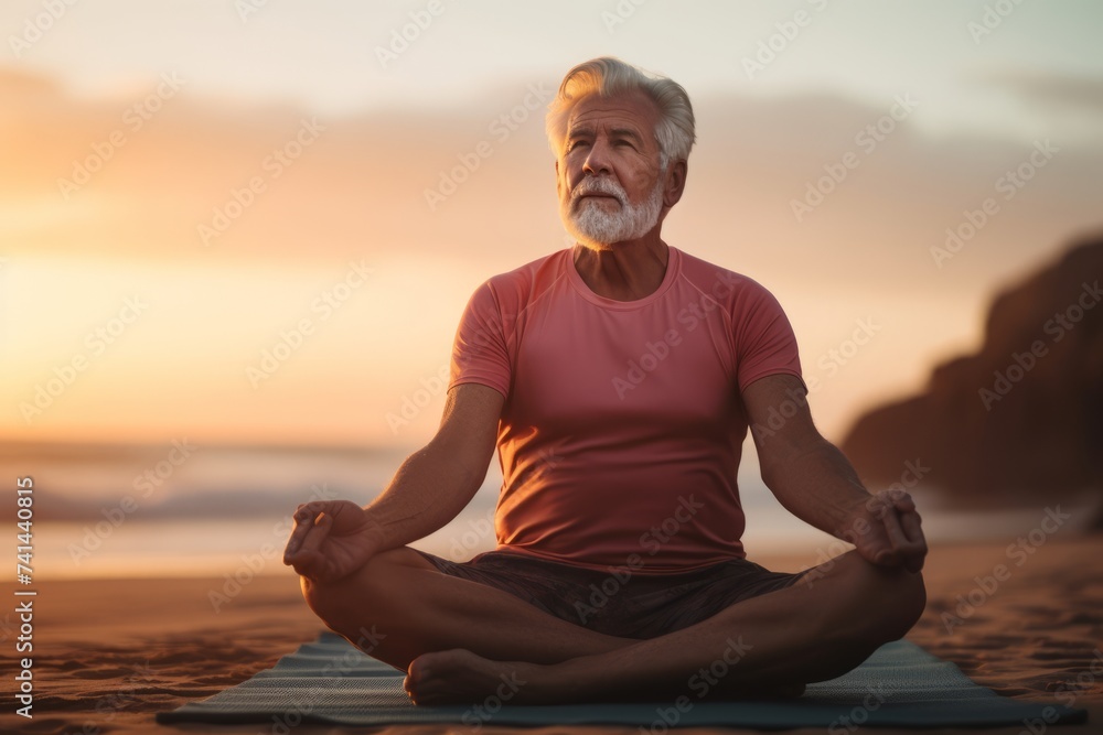 Senior man practicing yoga on the beach at sunset. Healthy lifestyle and relaxation concept.
