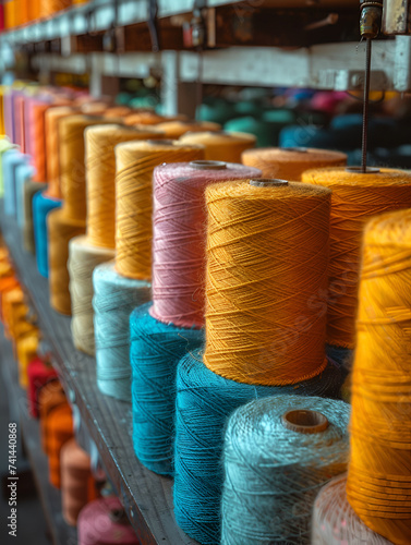 Shelves of colorful thread spools, with a focus on golden yellow in a textile workshop