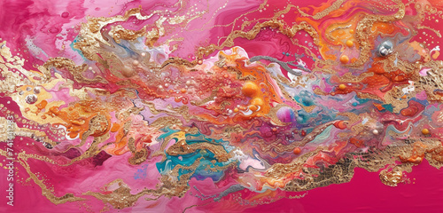 An opulent abstract creation where oil and water intermingle  creating a vivid  complex array of colors  bright 