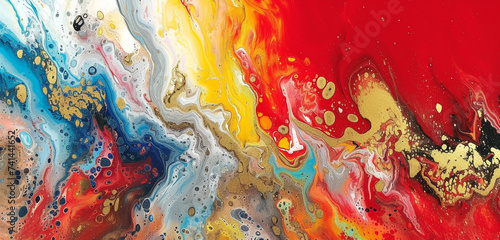 An opulent abstract painting combining oil and water for a complex, colorful effect, bright