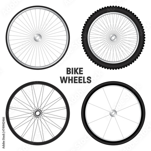 Realistic 3d bicycle wheels. Bike rubber tyres, shiny metal spokes and rims. Fitness cycle, touring, sport, road and mountain bike. Vector illustration
