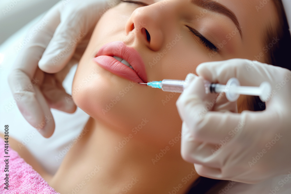 Facial portrait of woman lying down for lip augmentation or botox treatment with doctor hands in gloves and syringe near face. Generative AI Facial portrait of woman lying down for lip augmentation or botox treatment with doctor hands in gloves and syringe near face. Generative AI