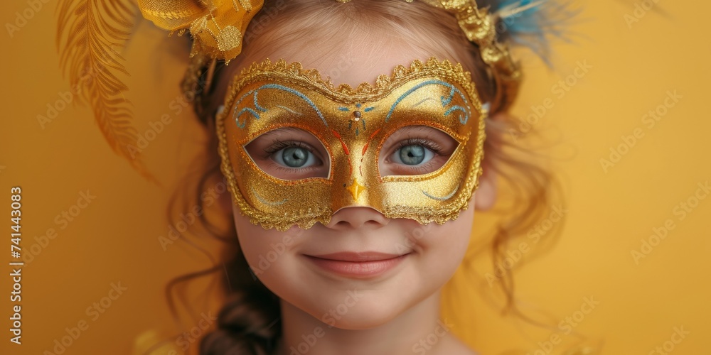 A playful and adorable girl at a masquerade, wearing a fancy golden mask and feathered costume.