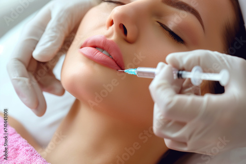 Facial portrait of woman lying down for lip augmentation or botox treatment with doctor hands in gloves and syringe near face. Generative AI
