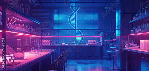 An ultra-modern lab showcasing nano science, featuring a prominent, vertical DNA helix in blue and red shadows on a purple background