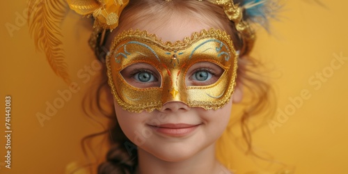 A playful and adorable girl at a masquerade, wearing a fancy golden mask and feathered costume.