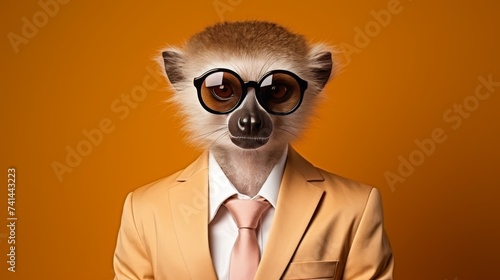 Anthropomorphic koala in business suit working in corporate office studio shot with text space.