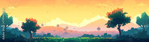 Warm Pixel Art Countryside at Sunset photo