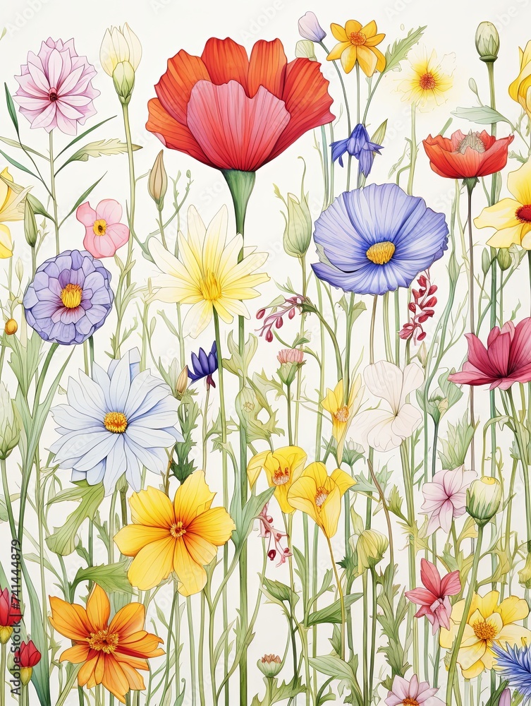 Blooming Botanicals: Hand-Drawn Spring Meadow Print with Springtime Plants