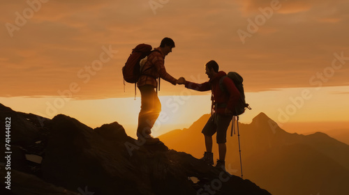 Climbers help friends reach the top of a mountain © didiksaputra