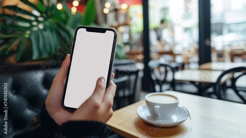 Blank white screen image cellphone mockup. woman's hand holding a mobile phone at the table in a coffee shop.