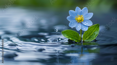 A single blue flower with dew drops floating on a serene water surface, embodying purity.