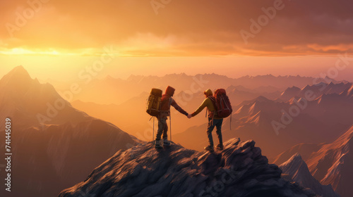 Climbers help friends reach the top of a mountain © didiksaputra
