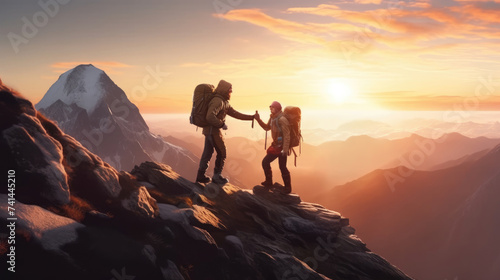 Climbers help friends reach the top of a mountain