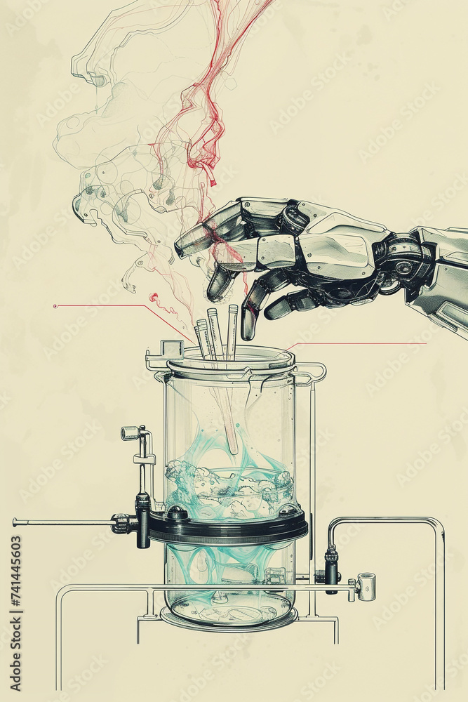 Artistic illustration of a mechanical hand with insulated gloves, removing test tubes from a liquid nitrogen container, set in a scientific lab, ivory background