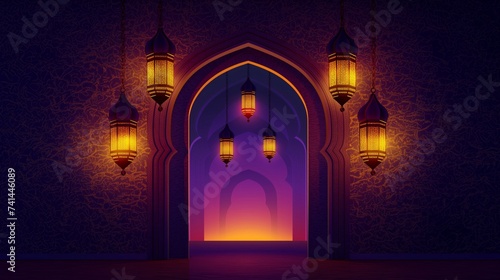 Archway with Arabic lanterns on it, in the style of light violet and dark amber, mid-century illustration, matte background, densely patterned imagery, atmospheric lighting, bold color usage, hangings photo