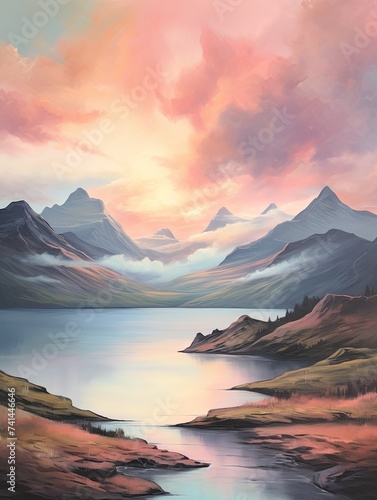 Mountain Skyline Serenity: Majestic Canvas Artwork of Clouds and Beach Scene