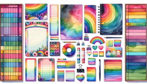 watercolor set, focusing on rainbow colors. This set features a variety of list sheets, cute sticky notes, and memo pads as design elements