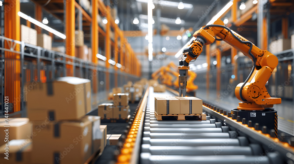 Automated robotic arm working on a conveyor belt in a modern warehouse Automated robotic arm working on a conveyor belt in a modern warehouse