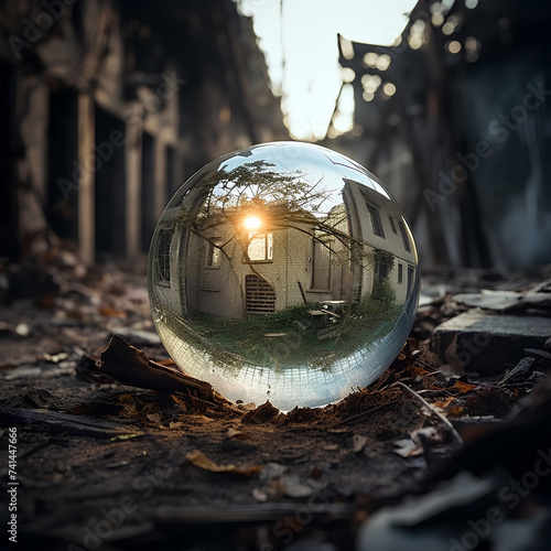 Lensball surrounded by ruined houses with hopeful rays of morning sun