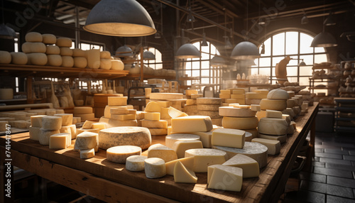 production of natural cheese in a cheese factory. cheese on the factory shelves.