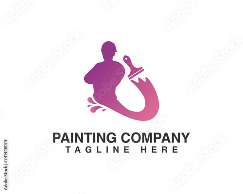 People With Paint Brushes Logo Design. Painting Worker Vector Illustration.