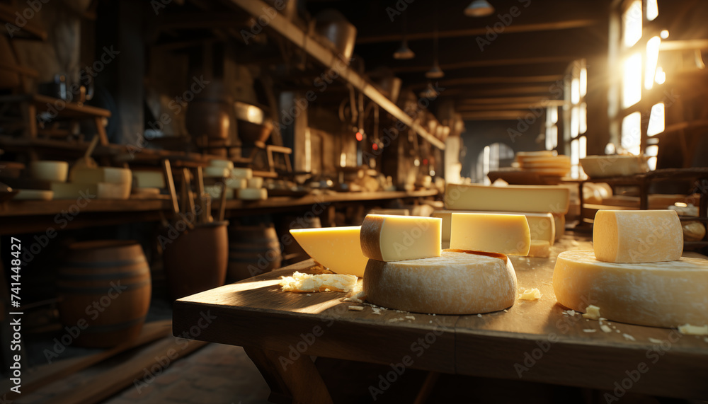 Fototapeta premium production of natural cheese in a cheese factory. cheese on the factory shelves.