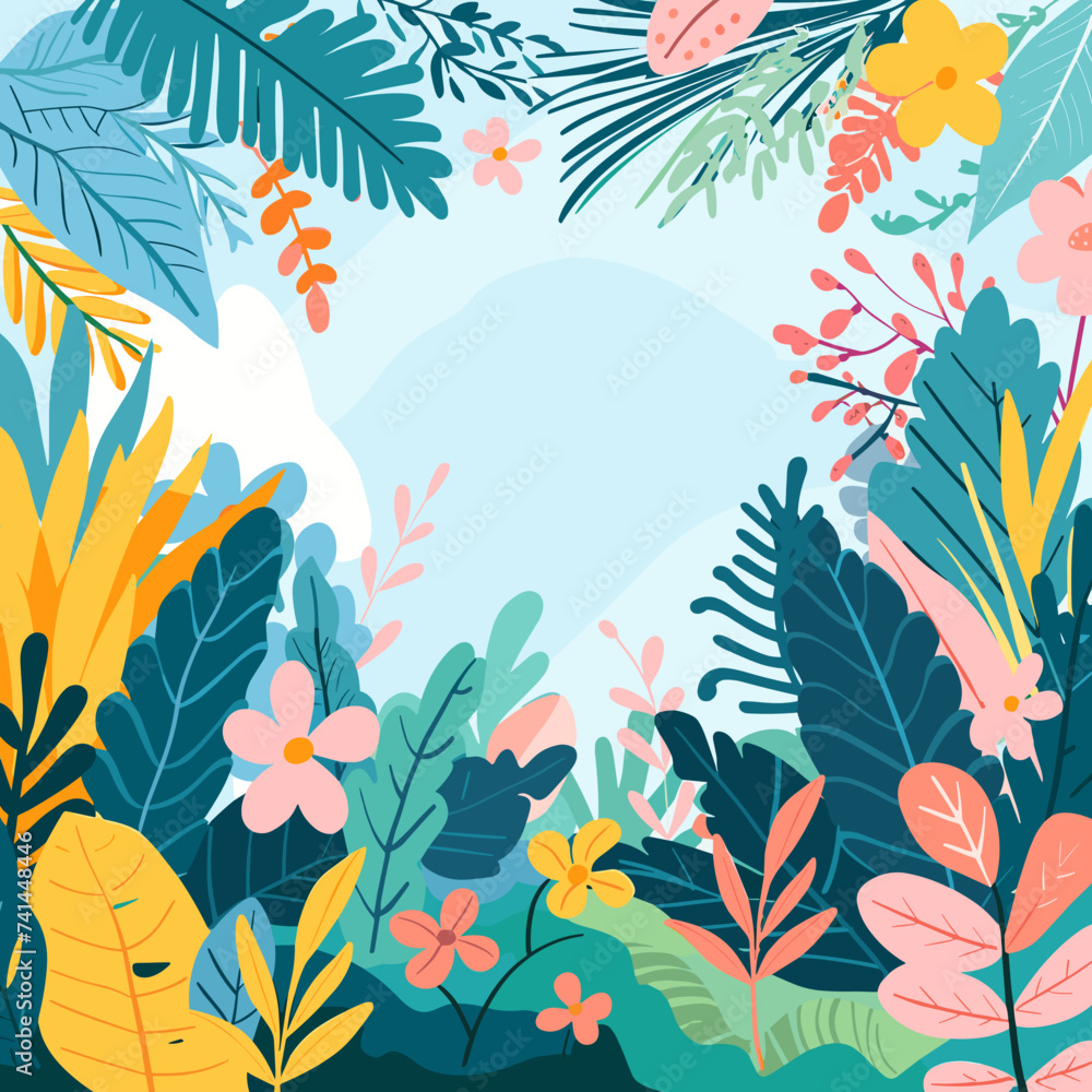 Vector illustration in trendy flat simple style - spring and summer background with copy space for text - landscape with plants, leaves, flowers - background for banner, greeting card