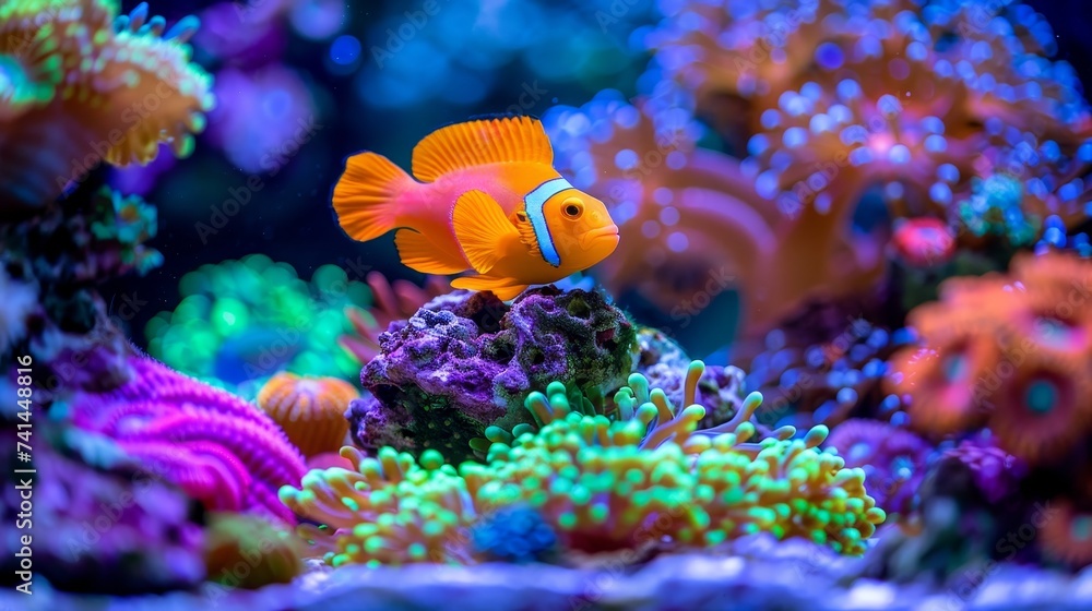 Fototapeta premium Vibrant anthias fish gliding through colorful saltwater corals in a mesmerizing aquatic display.