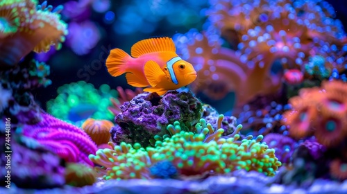 Vibrant anthias fish gliding through colorful saltwater corals in a mesmerizing aquatic display.