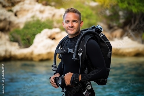 Portrait of a male scuba diver looking at camera in the beach