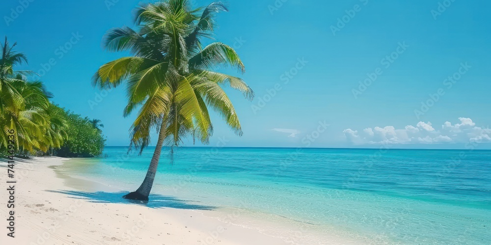 Tropical paradise idyllic beach scene invites viewer into world of serene beauty and unspoiled nature golden sands stretch endlessly along coastline by gentle waves of crystal clear ocean