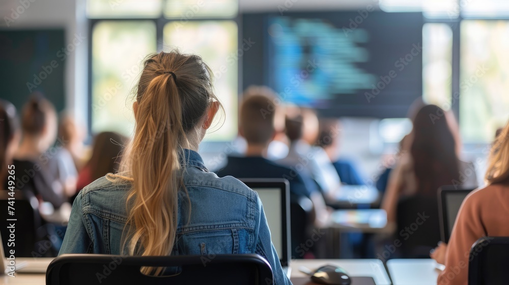 Female high school student learning coding on laptop during computer ...