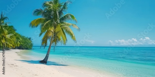 Tropical paradise idyllic beach scene invites viewer into world of serene beauty and unspoiled nature golden sands stretch endlessly along coastline by gentle waves of crystal clear ocean