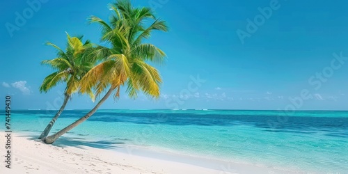Tropical paradise idyllic beach scene invites viewer into world of serene beauty and unspoiled nature golden sands stretch endlessly along coastline by gentle waves of crystal clear ocean © Bussakon