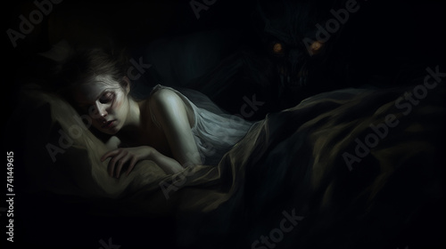 Woman sleeping in bed with incubus demon with glowing eyes behind her in dark room 