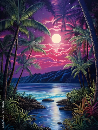 Starry Palms in Moonlit Tropics  Mystical Moon and Starry Night Paintings  Tropical Beach Art