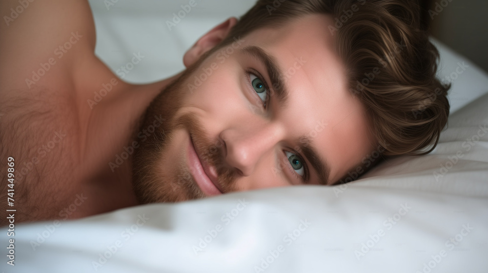 Portrait of handsome male with beard lying on pillow, smiling Portrait of handsome male with beard lying on pillow, smiling