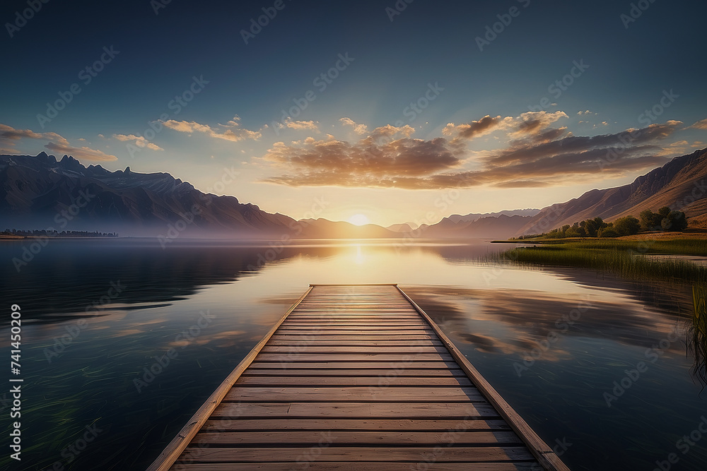 Beautiful landscape with high mountain peaks next to a lake, a long pier in the water. Dark mode colors. Generated AI - obrazy, fototapety, plakaty 