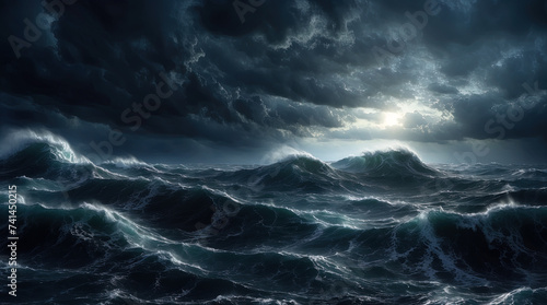 Stormy sea at night. Heavy sea. A strong storm with big waves in the ocean. Night thunderstorm. Generative AI. © Arpad